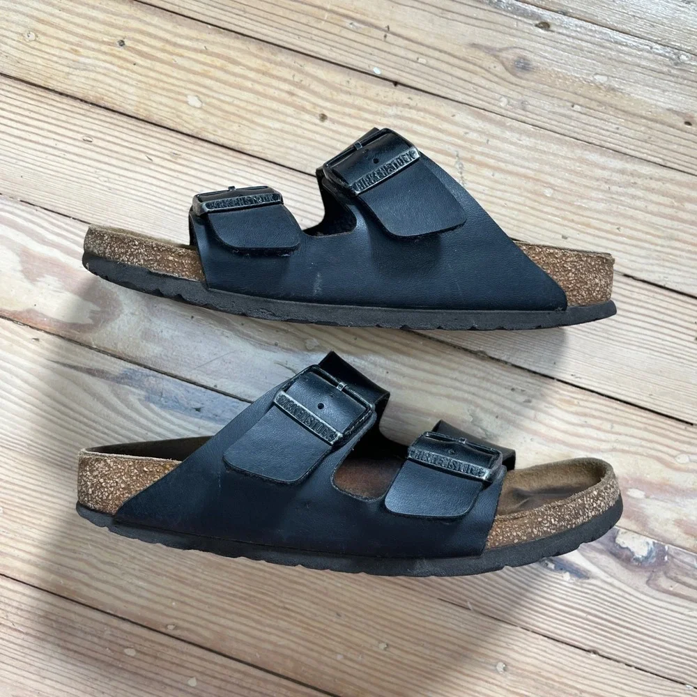 Birkenstock Arizona Black Leather Two Strap Sandals Slides boho 37 L6 neutral - Picture 2 of 9